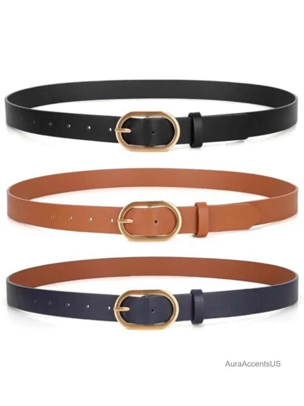 Women's 3 Pack Faux Leather Belts with Gold Buckle Plus Size